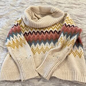 Loft Cozy Fair Isle Turtleneck Sweater - Cream with Pink, Blue & Mustard Accents